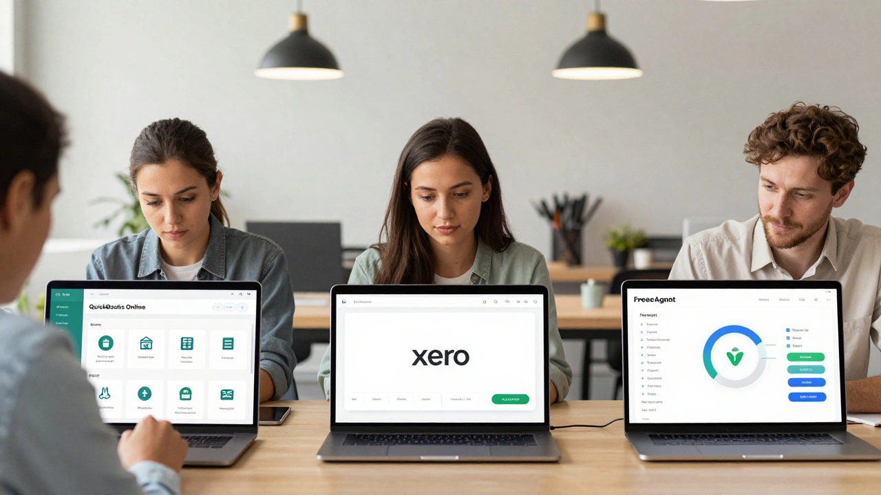 Three UK SME owners comparing accounting software interfaces on tablets in a modern workspace