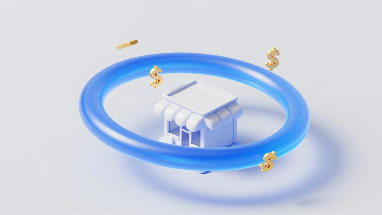 3D conceptual illustration of a revolving business credit line orbiting a store