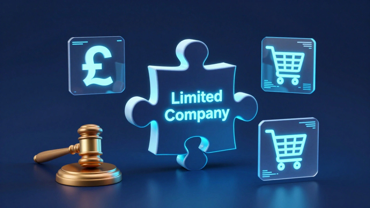 3D conceptual render of a business structure with floating legal and financial icons.