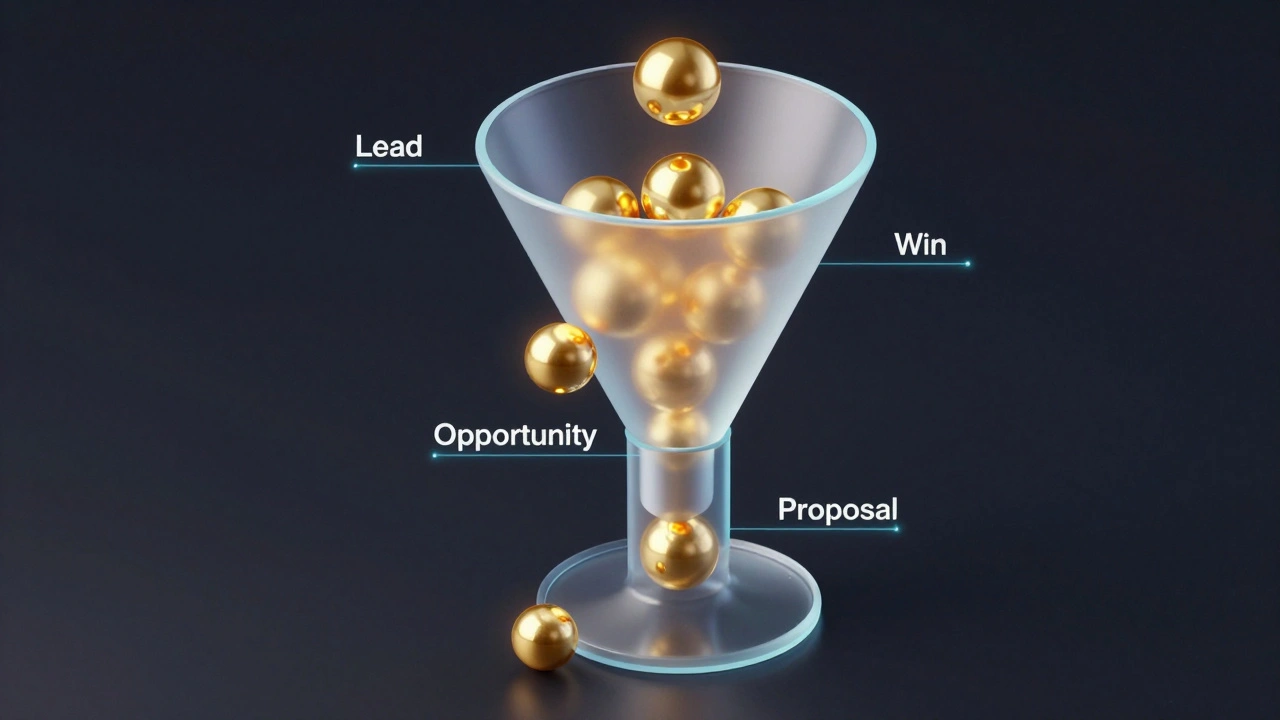 A 3D isometric glass funnel showing leads flowing through stages with some leaking out