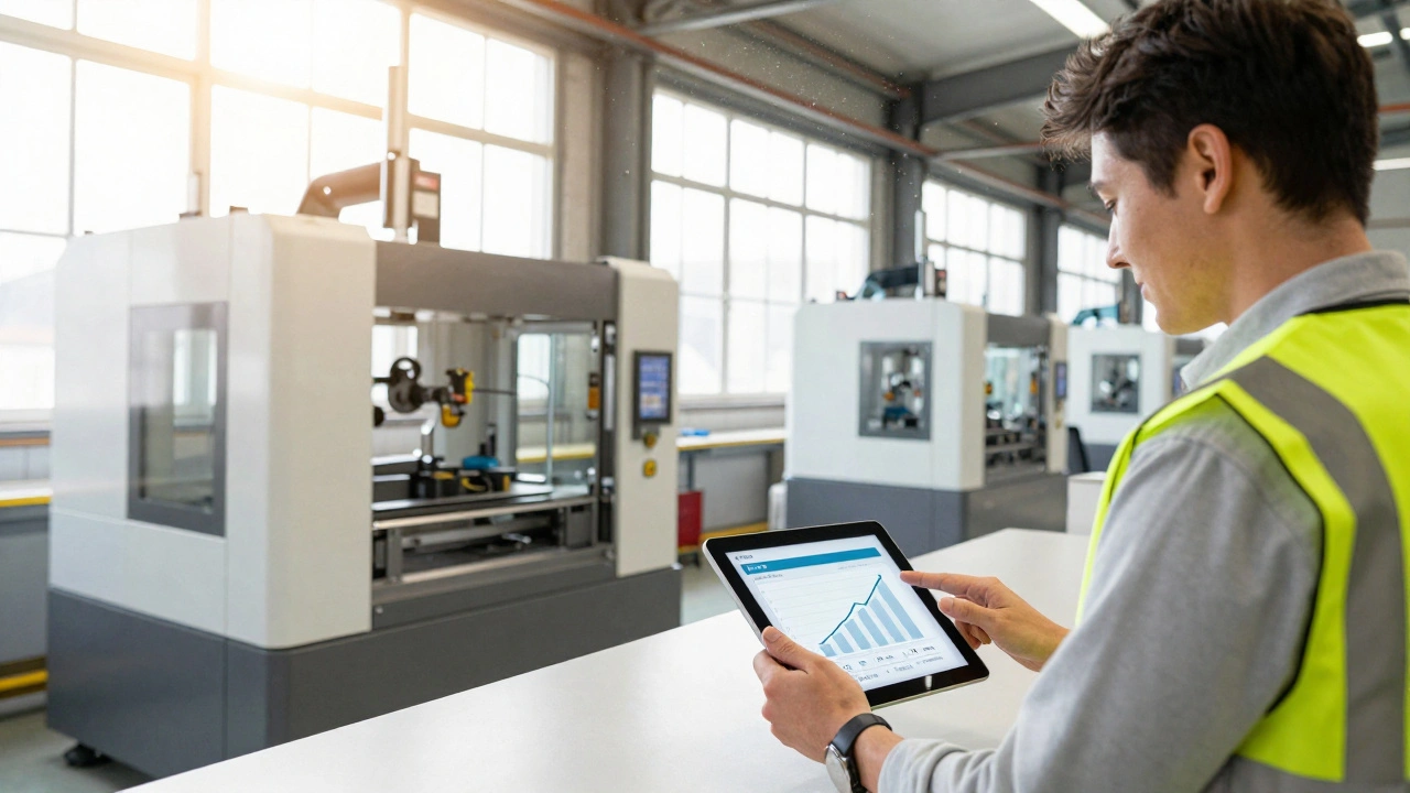 A business owner overseeing the installation of new machinery in a bright, modern UK manufacturing plant.