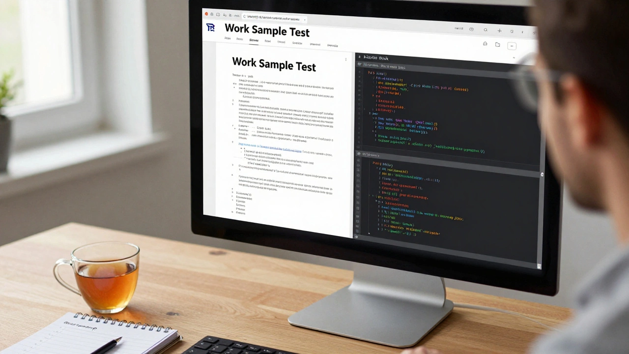 A close-up of a work sample test on a computer screen next to a notebook and a cup of tea.