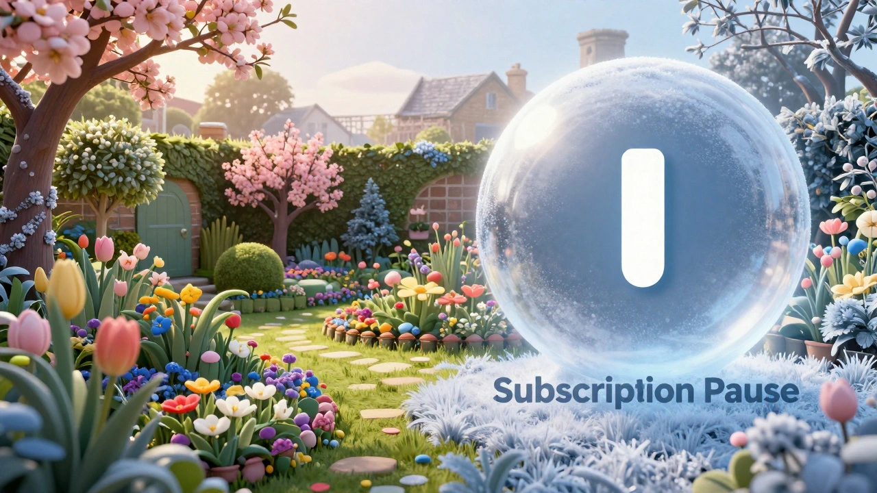 A conceptual 3D image of a garden in hibernation with a pause symbol to represent subscription pauses.