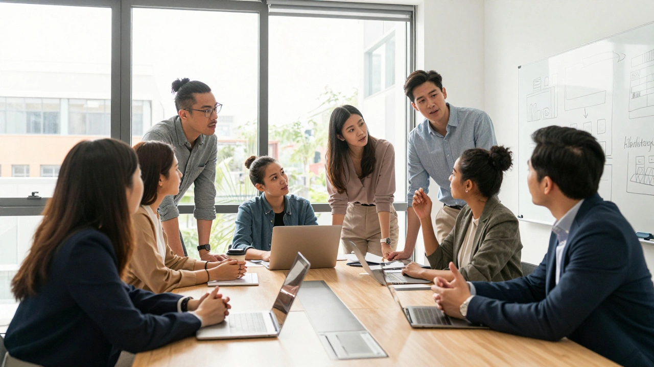 A diverse professional team having a respectful and collaborative discussion in a boardroom