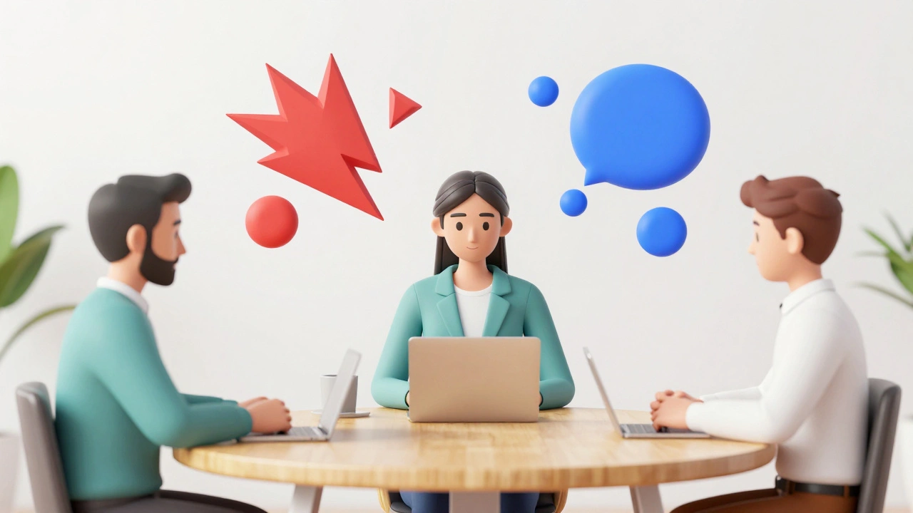 A mediator helping two employees reach a compromise at a round table