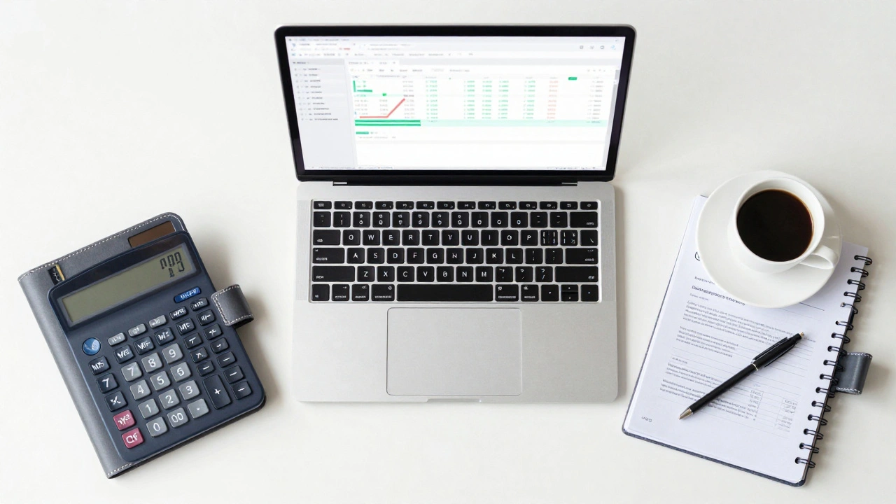 A professional desk setup with a laptop showing accounting software and a calculator.