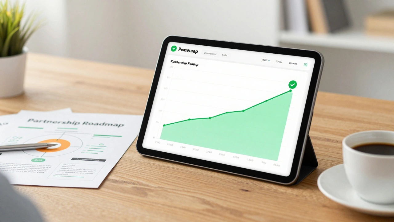 A tablet displaying positive growth analytics and a partnership roadmap on a desk.