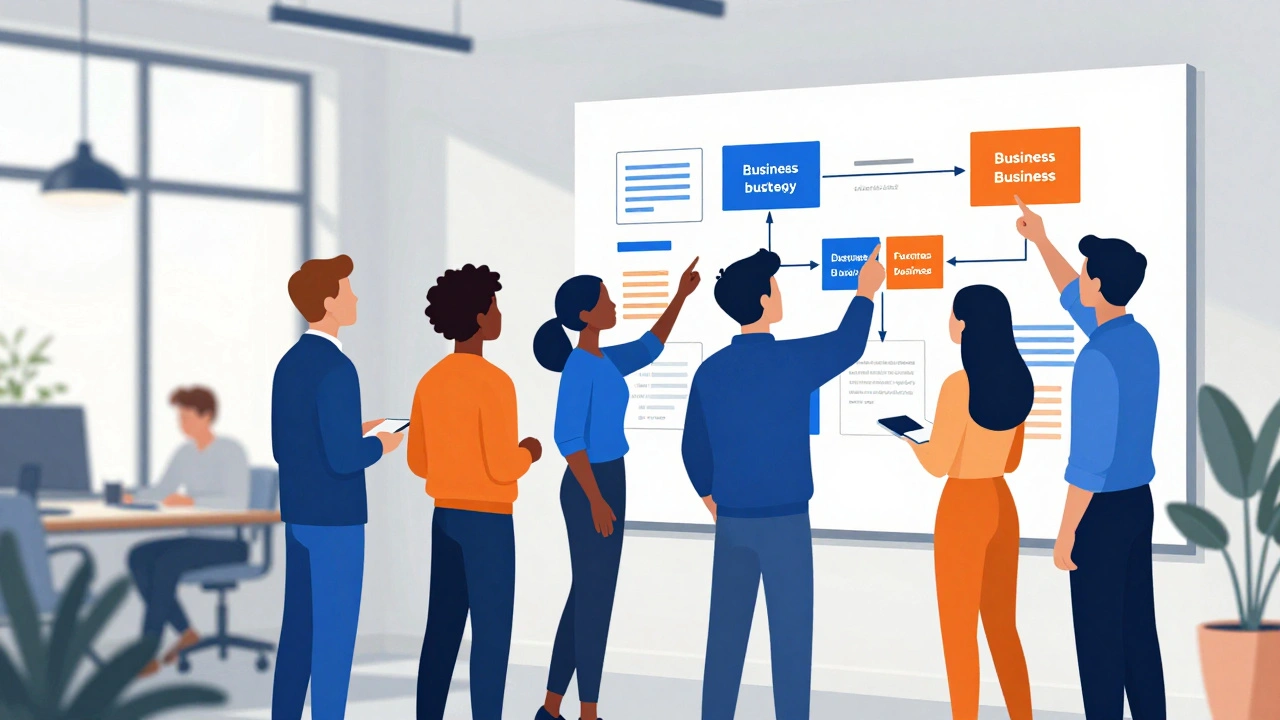 A team of founders collaborating on a large strategic canvas in a modern UK co-working space.