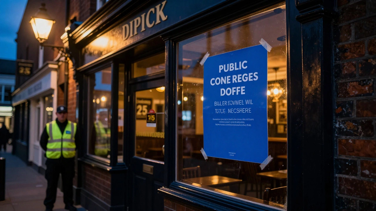 A UK pub storefront at dusk with a blue licensing notice on the window