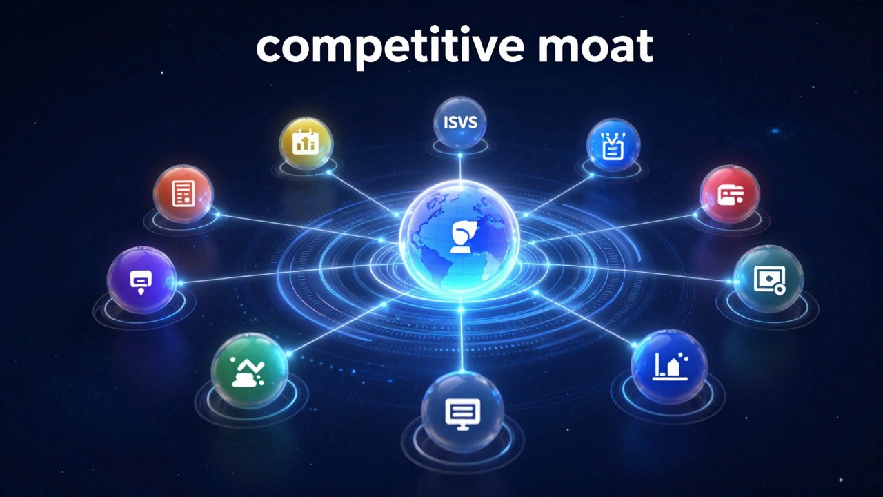 Abstract 3D visualization of a software platform connected to various app integrations