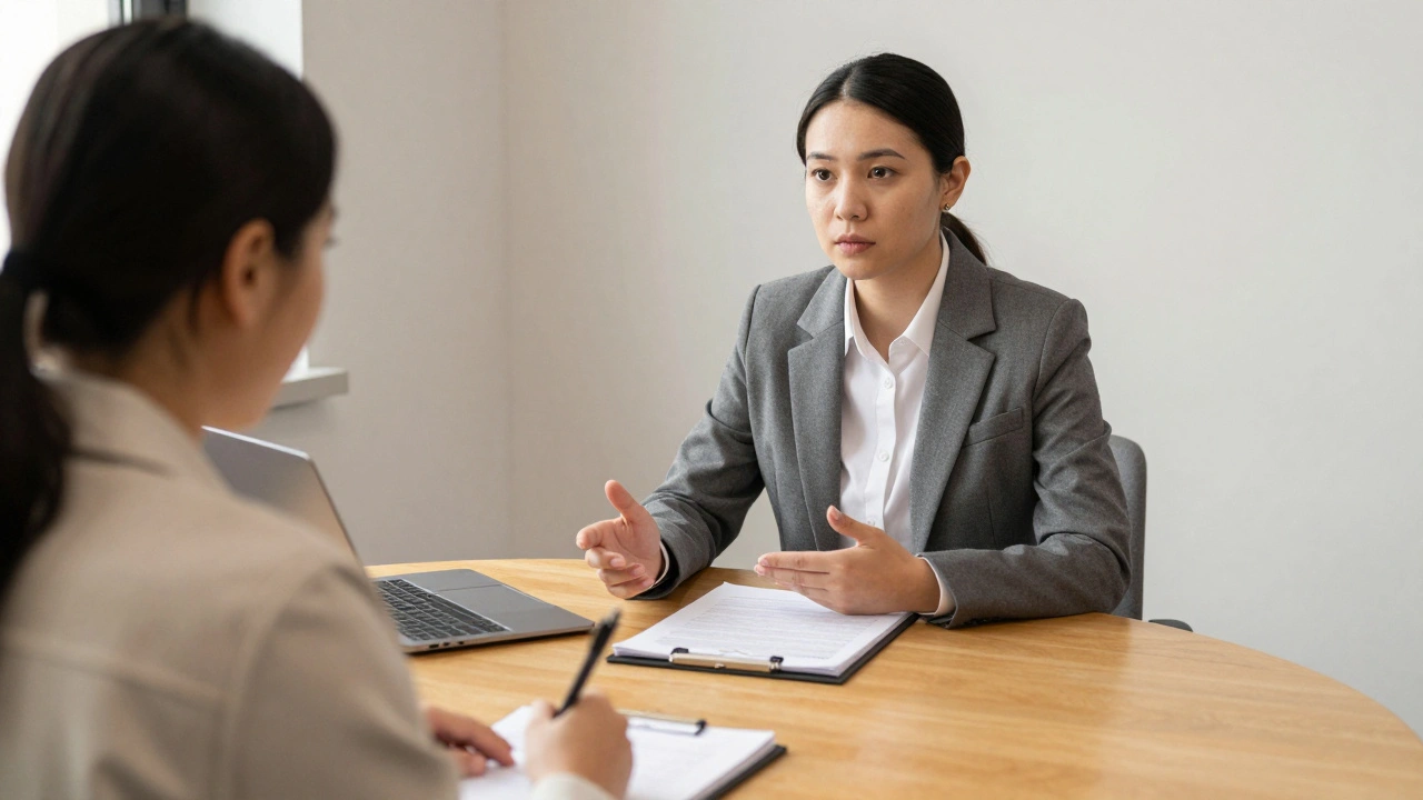 An impartial investigator interviewing an employee in a professional meeting room.