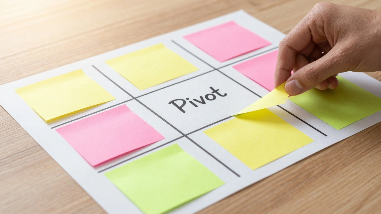 Close-up of a Business Model Canvas with colorful sticky notes being rearranged on a table.