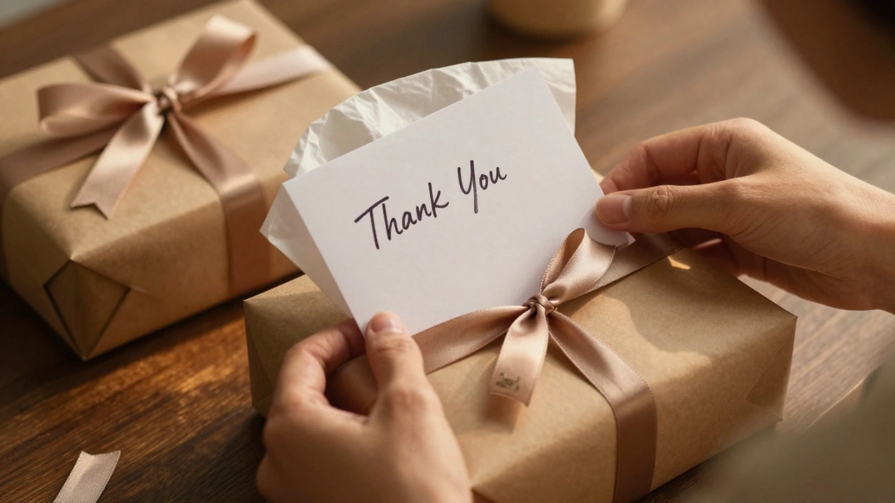 Close-up of a customer opening a luxury package with a personalized thank you note