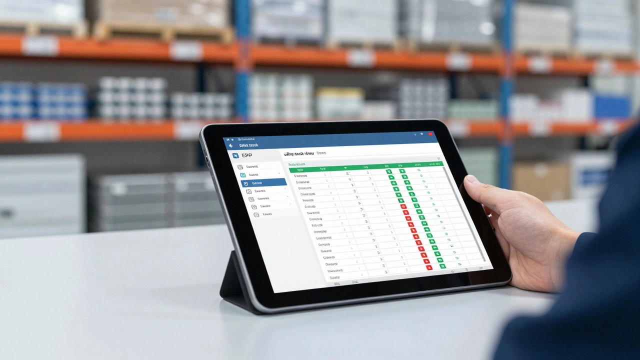 Close-up of a worker using a tablet ERP system on a modern factory floor.