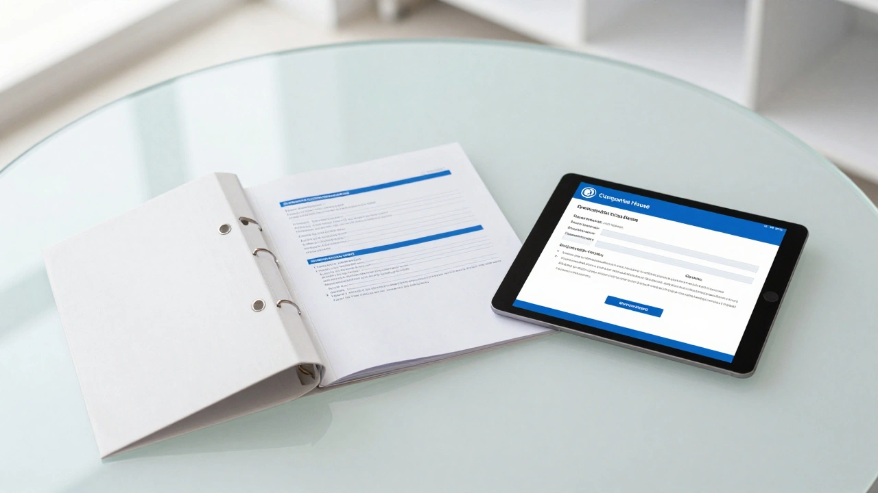 Corporate register binder and tablet showing a successful filing confirmation