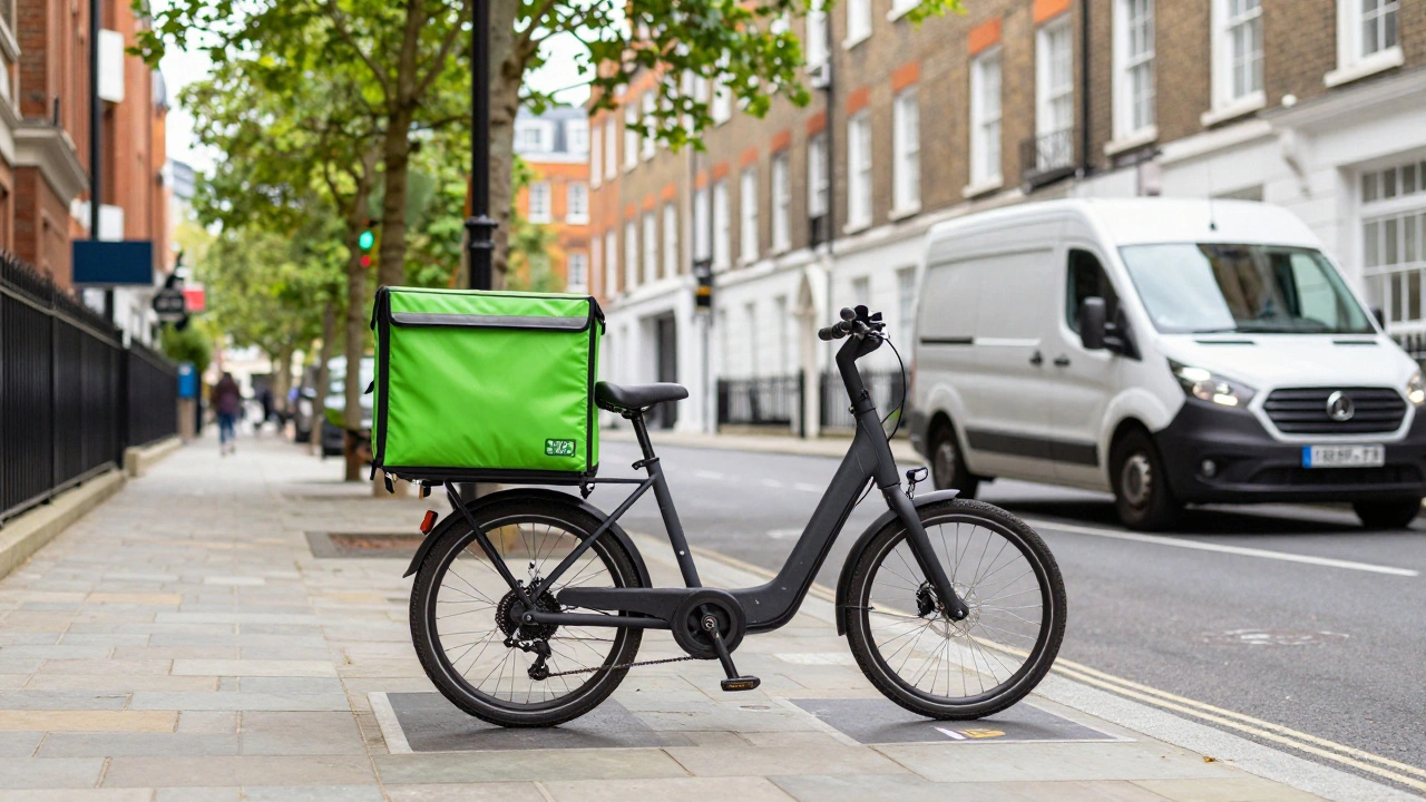 Electric cargo bike and electric van in a sustainable London street delivery scene.