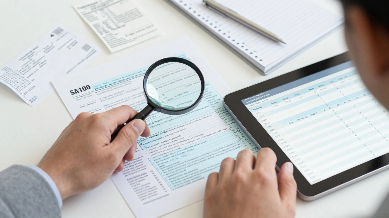 Entrepreneur organizing tax returns and financial spreadsheets with a magnifying glass