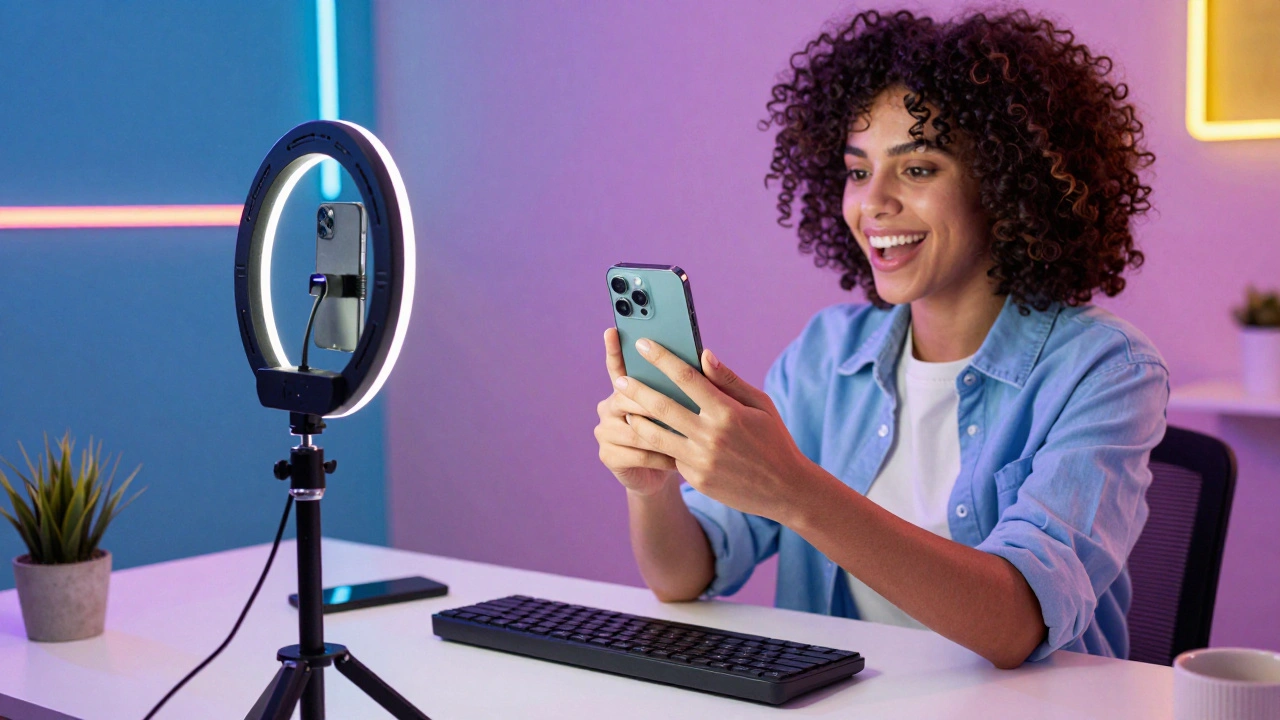 Entrepreneur using a ring light to film a product demonstration video for social media.