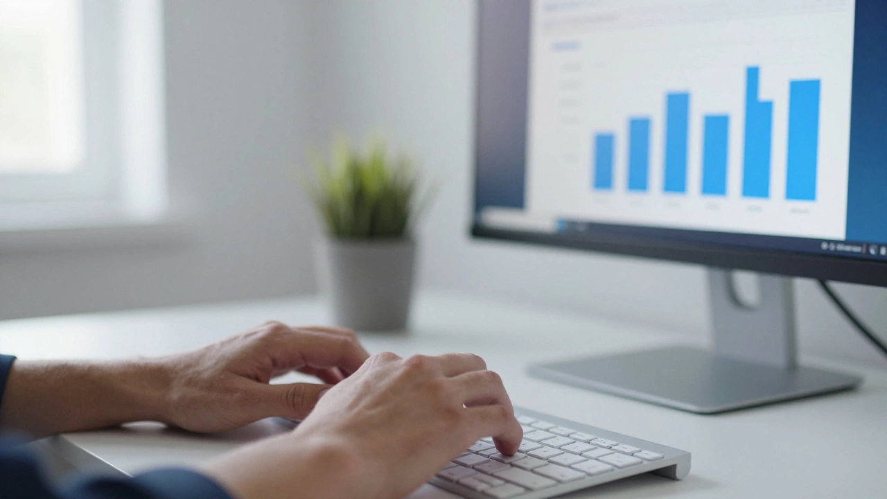 Hands on keyboard with blurred financial data screen, online application process