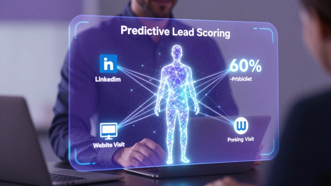 Holographic interface showing predictive data points and a probability score for a lead.