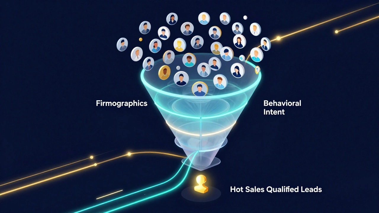 Isometric 3D funnel filtering generic leads into high-value golden qualified prospects.