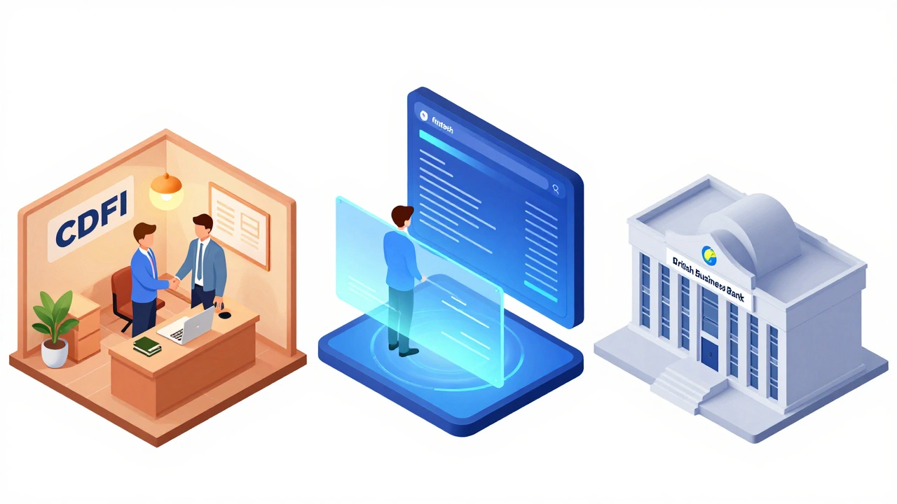 Isometric comparison of community lenders, fintech platforms, and government banks.