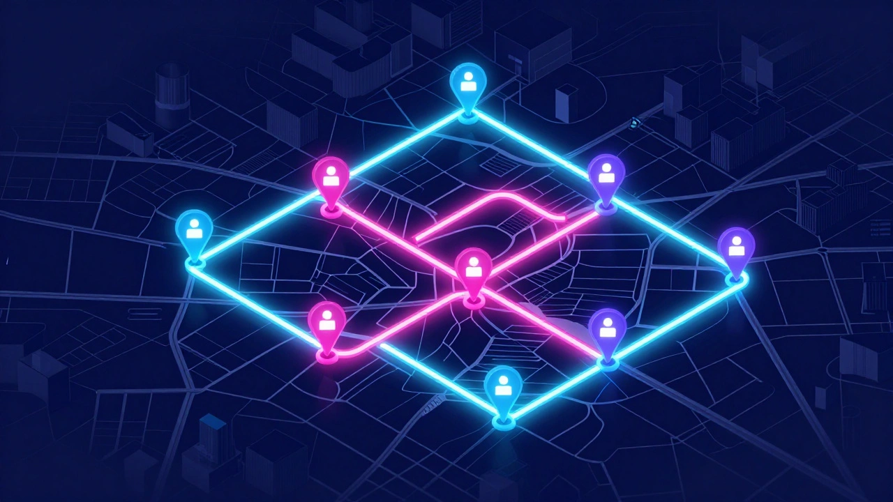 Isometric digital map showing an optimized, glowing delivery route through a city.