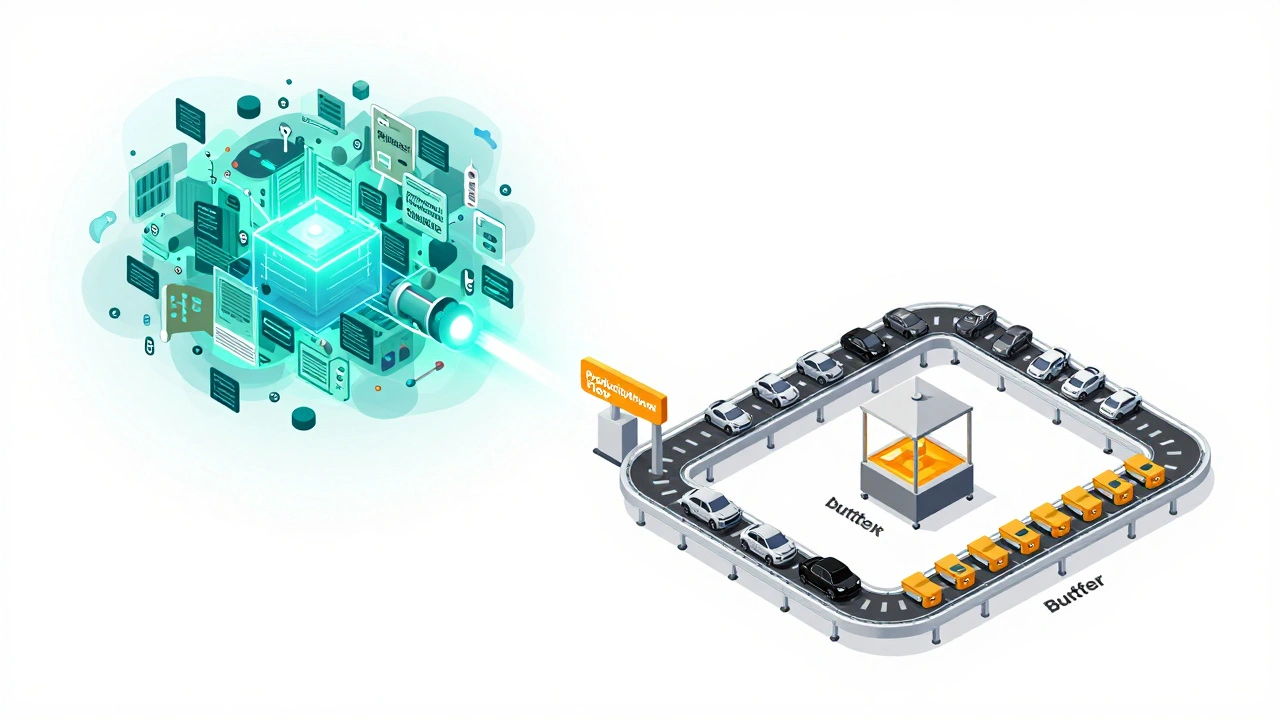 Isometric illustration of a production flow with a Kanban system and a bottleneck.