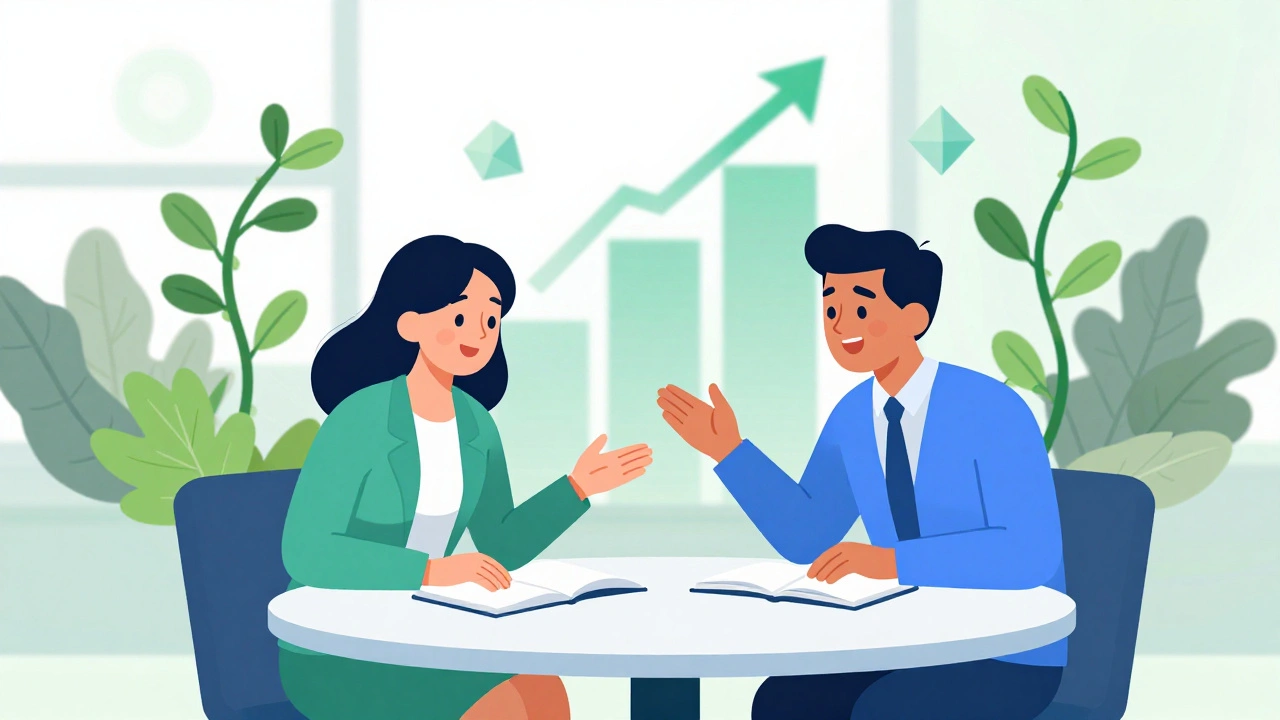 Two mentors discussing business strategy with plants growing in background