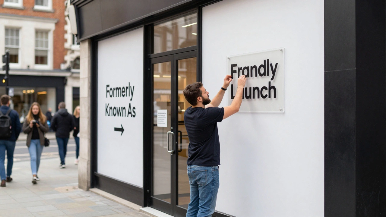 Worker installing a new business sign on a storefront with a transition banner