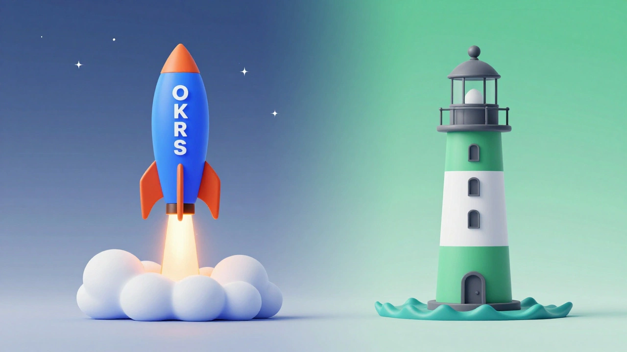 3D illustration showing rocket launch for goals and lighthouse for stability