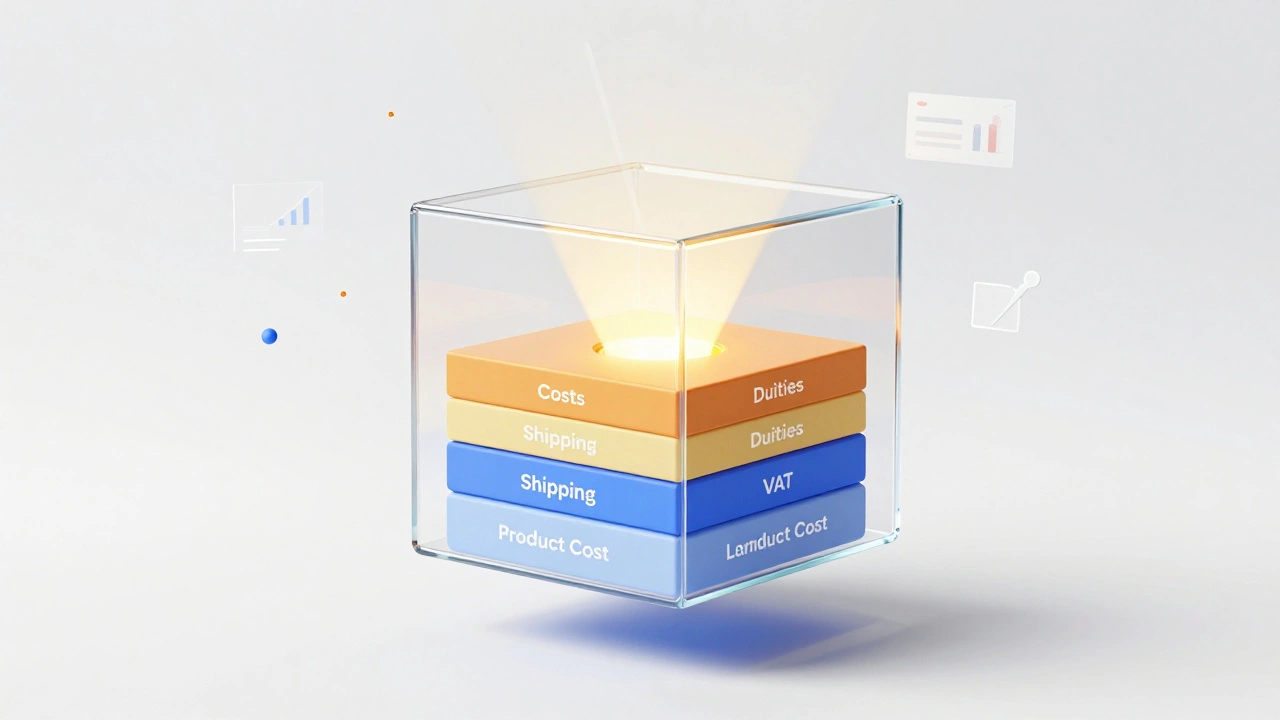 Abstract 3D visualization of layered landed cost components inside a transparent package
