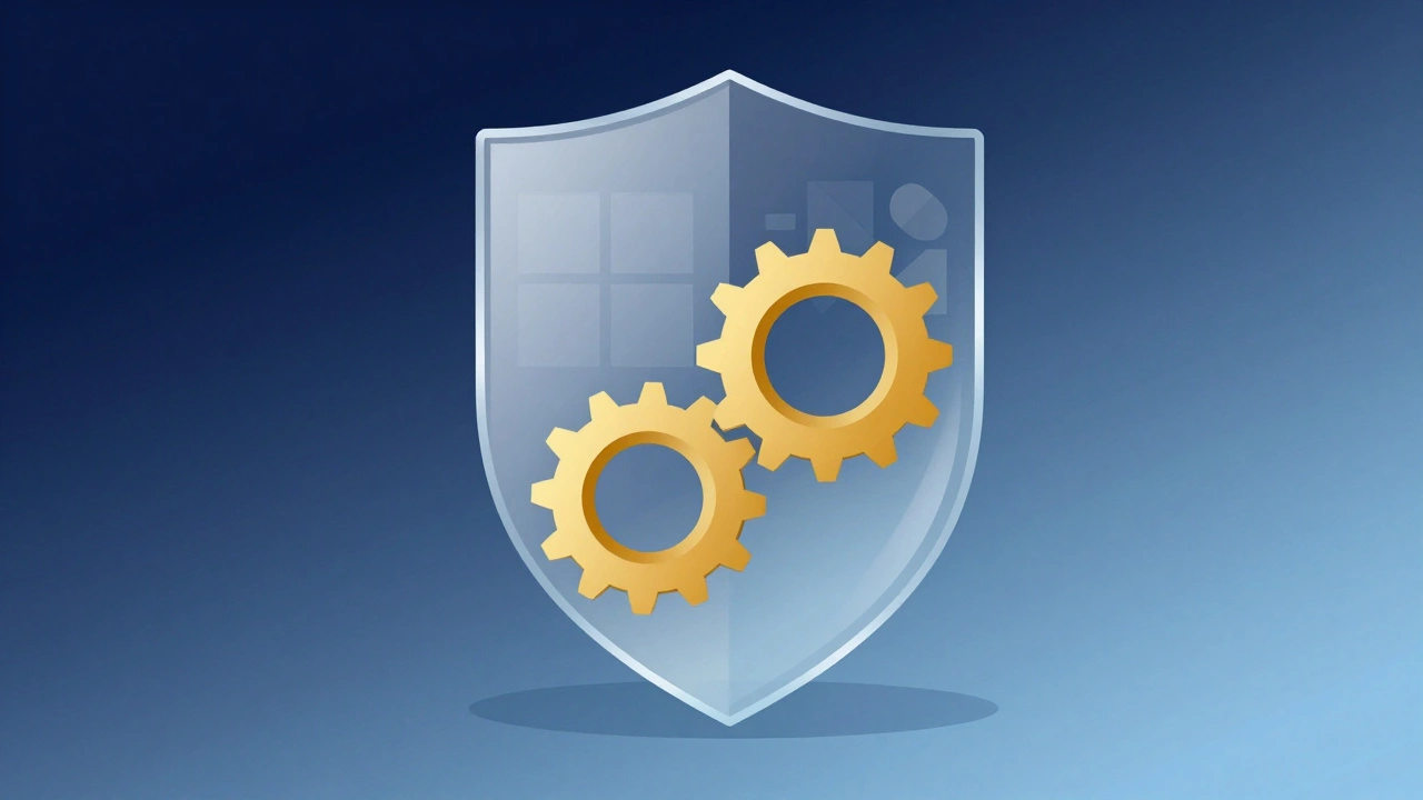Abstract shield with gears symbolizing UK quality standards