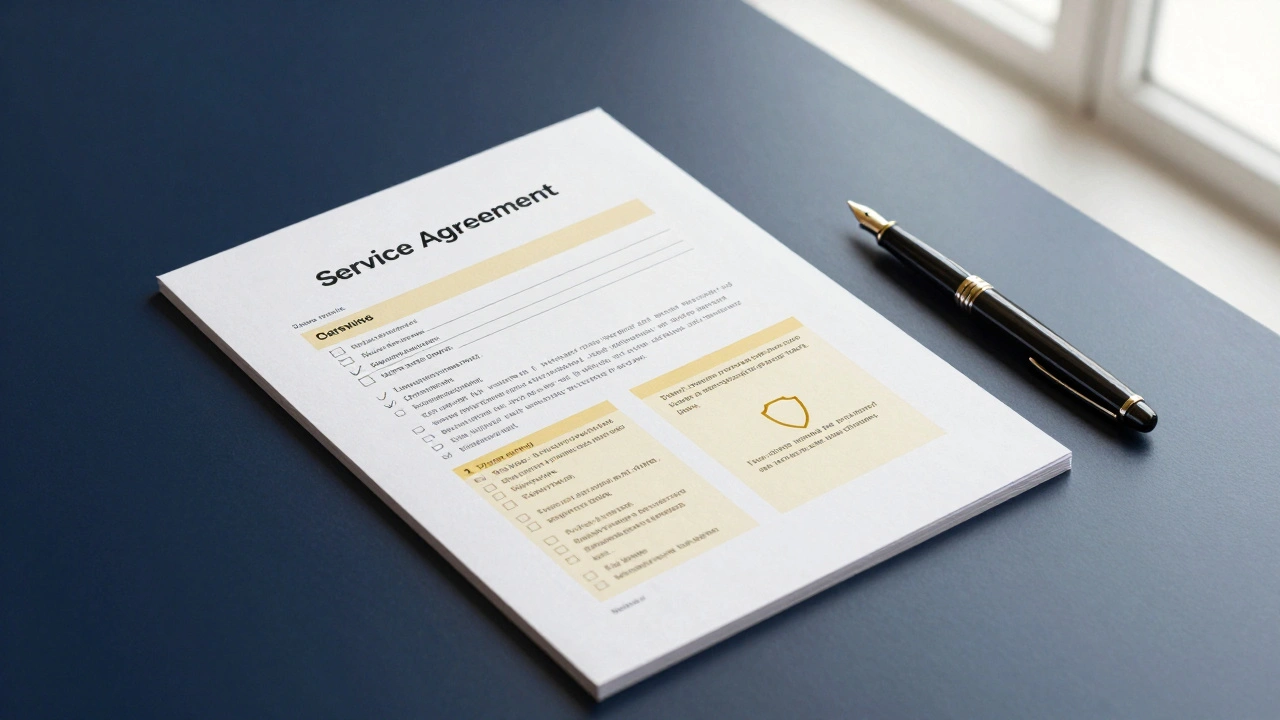 Close-up of service agreement with highlighted deliverables and liability sections