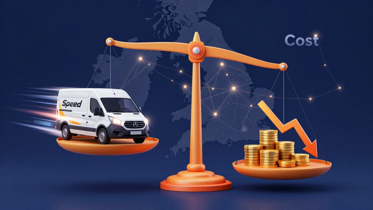 Conceptual balance scale weighing delivery speed against shipping costs
