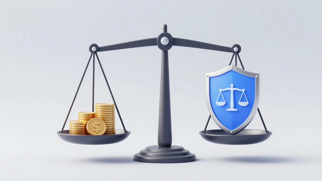 Conceptual scale balancing financial risk against fair employment procedures