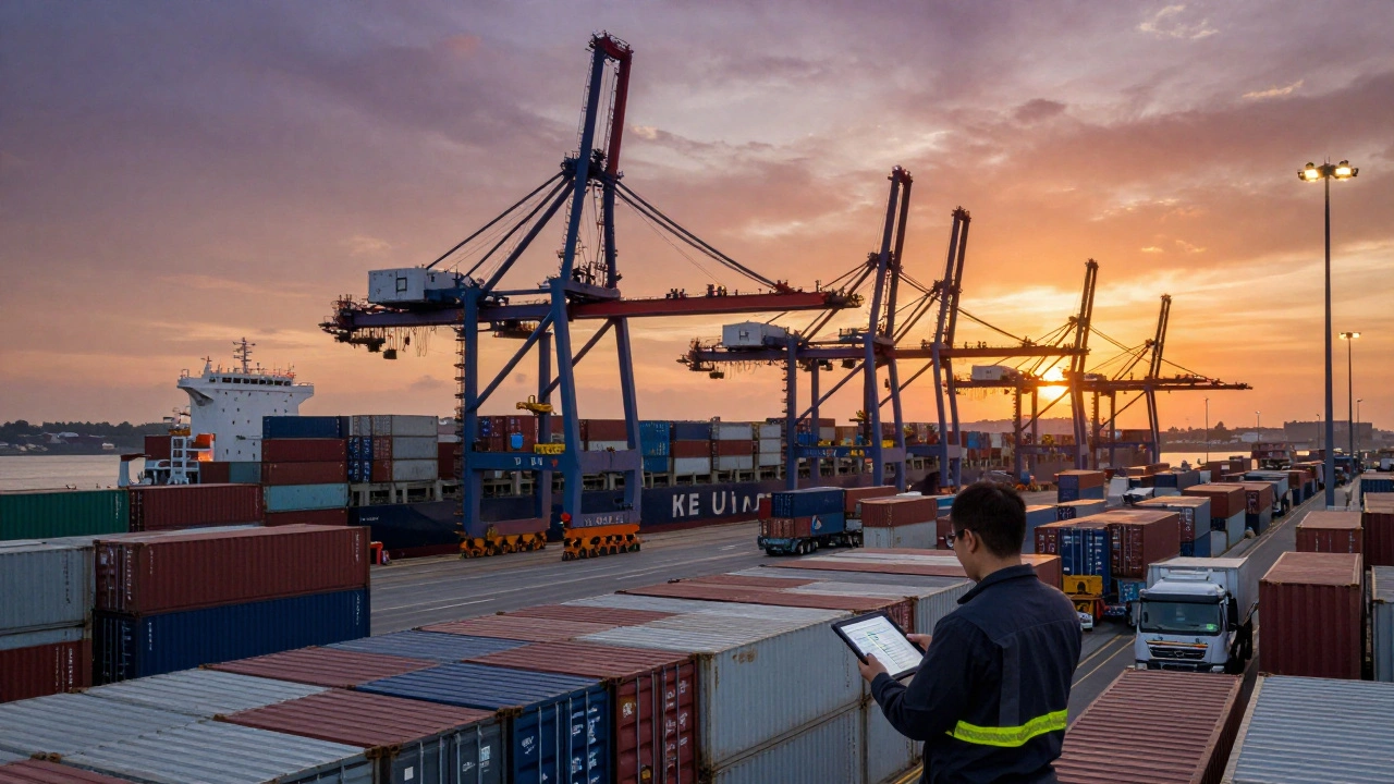 Container ship being loaded at a busy UK port at sunset