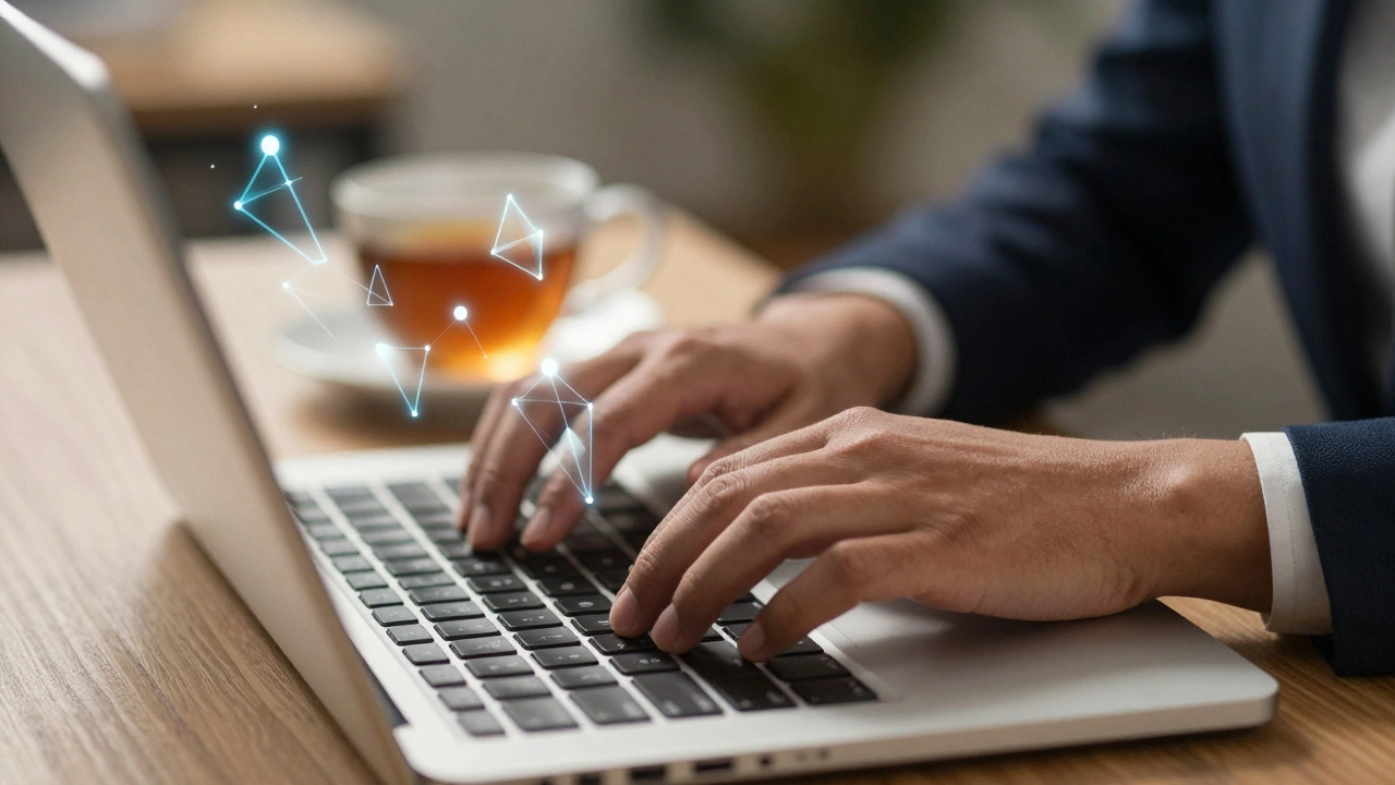 Customer service agent typing on a laptop with AI tech symbols in the background.