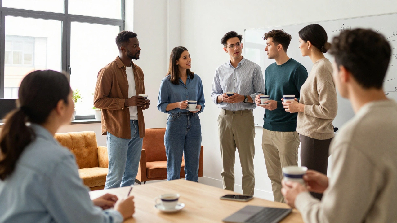 Diverse sales team collaborating warmly in a bright UK office