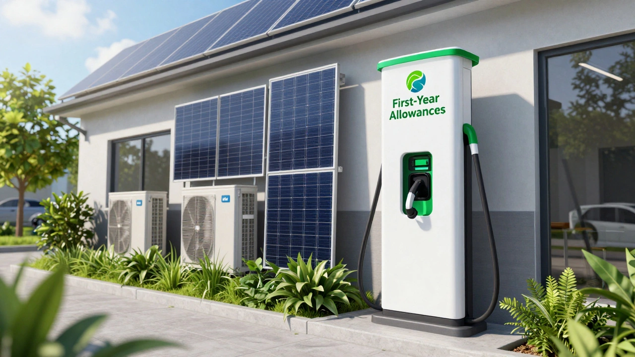 Electric vehicle charger and solar panels illustrating green tech tax incentives.