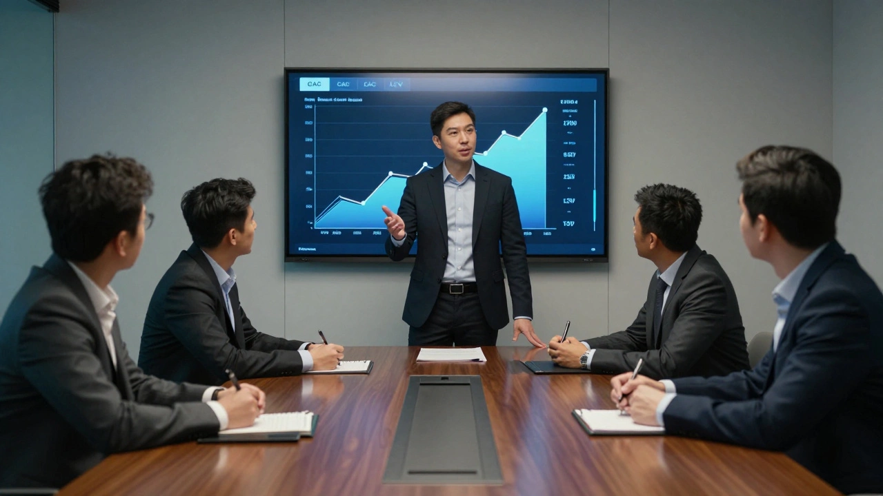 Founder presenting metrics to investors in a formal boardroom meeting