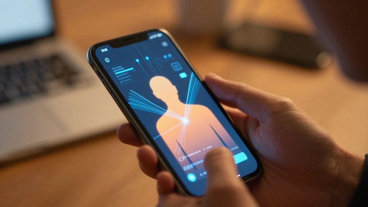 Hand holding phone with abstract data streams connecting to a human silhouette