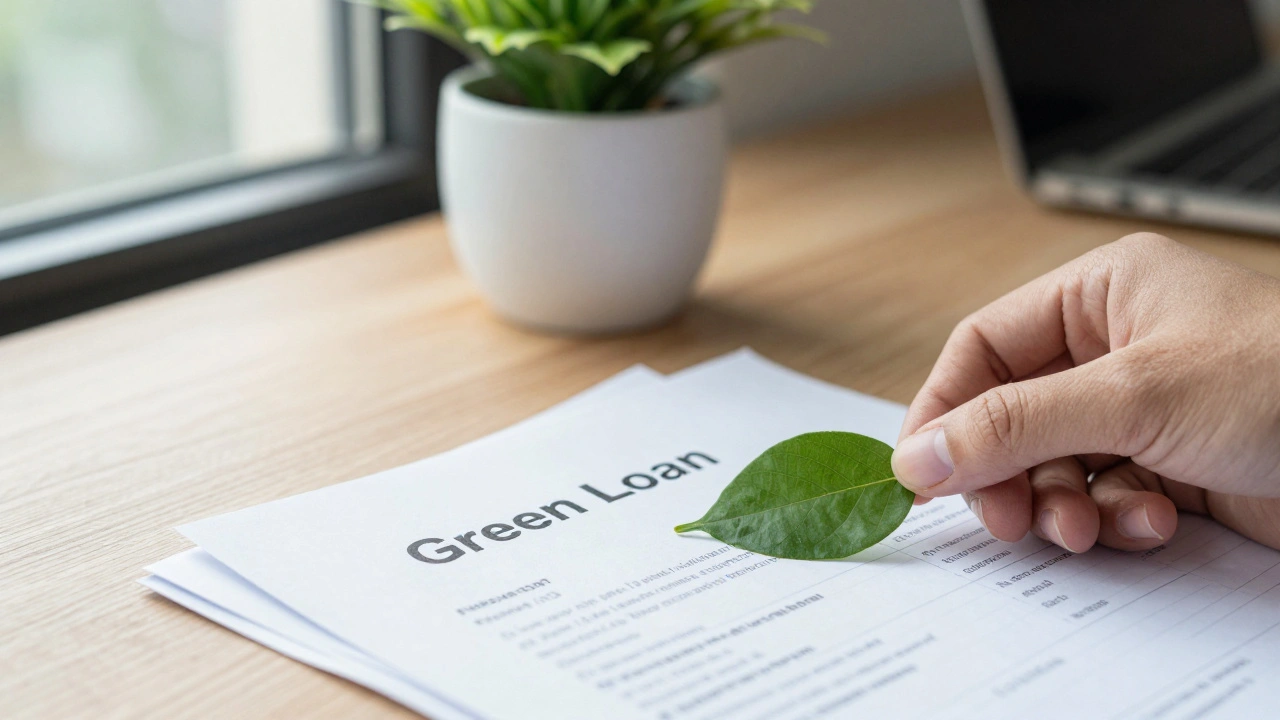 Hand placing a green leaf on financial documents symbolizing green loans