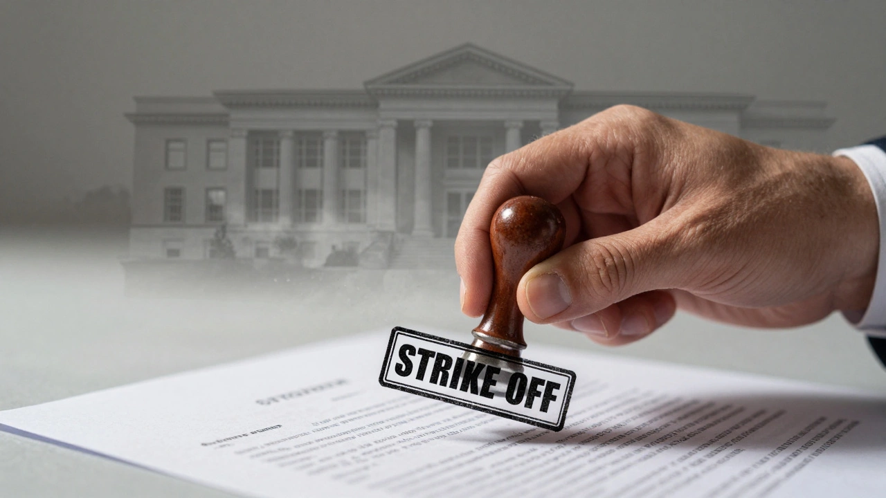 Hand stamping strike-off form as company fades away