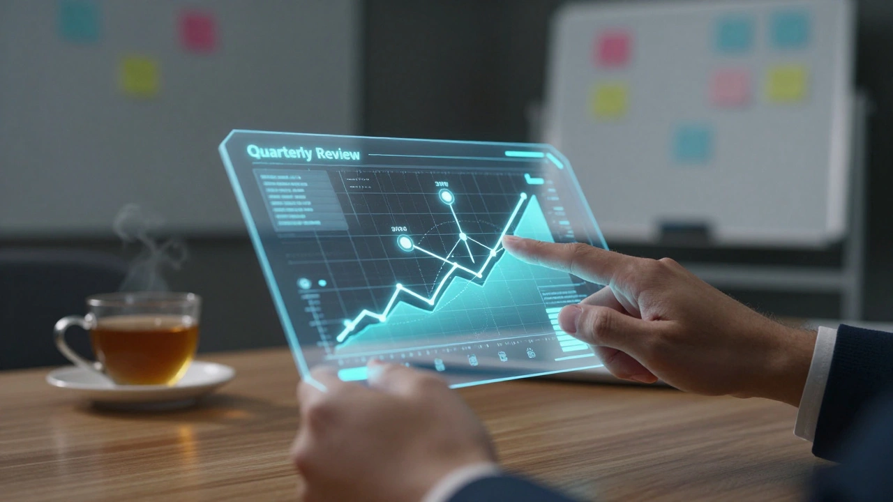 Hands adjusting metrics on a futuristic strategic roadmap interface