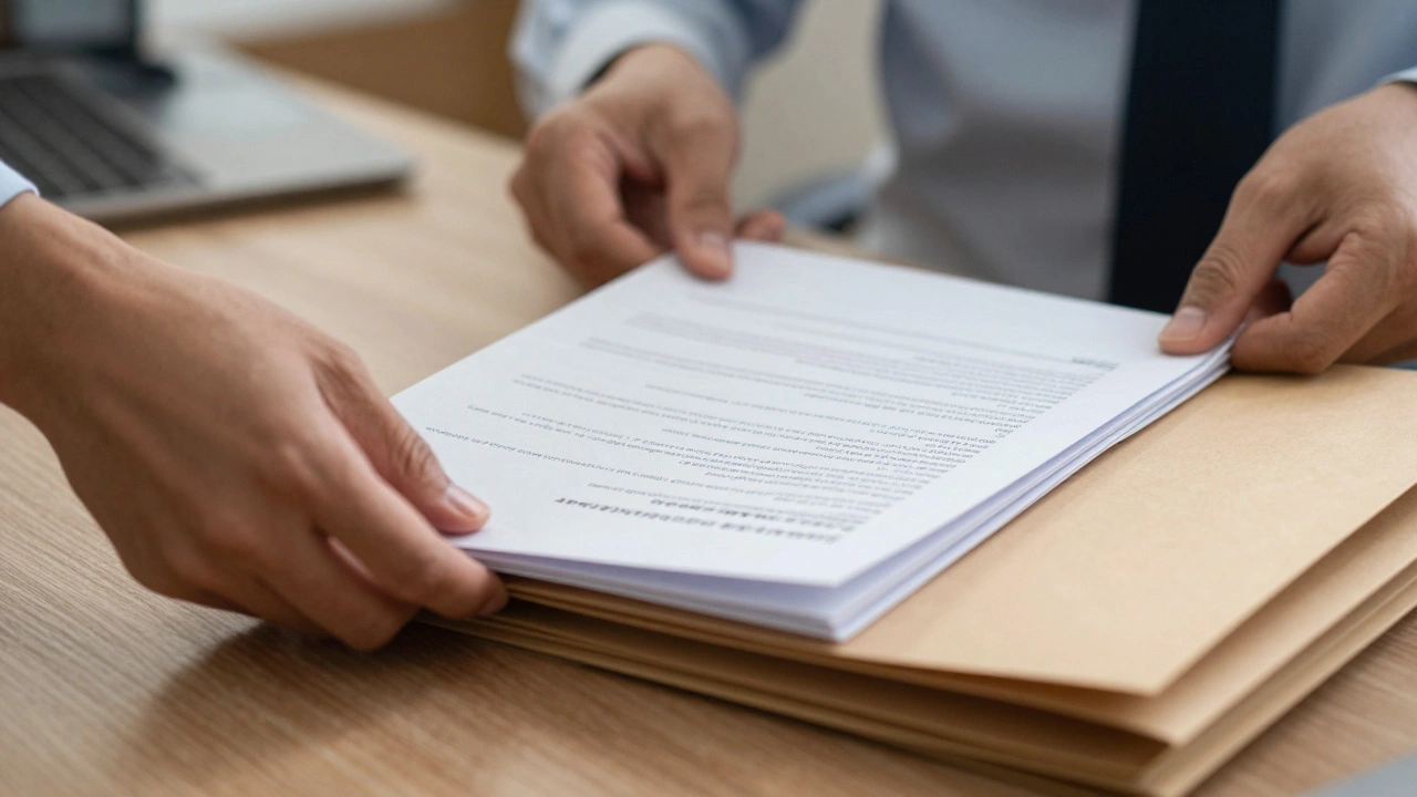 Hands organizing documents on a desk symbolizing workplace investigation
