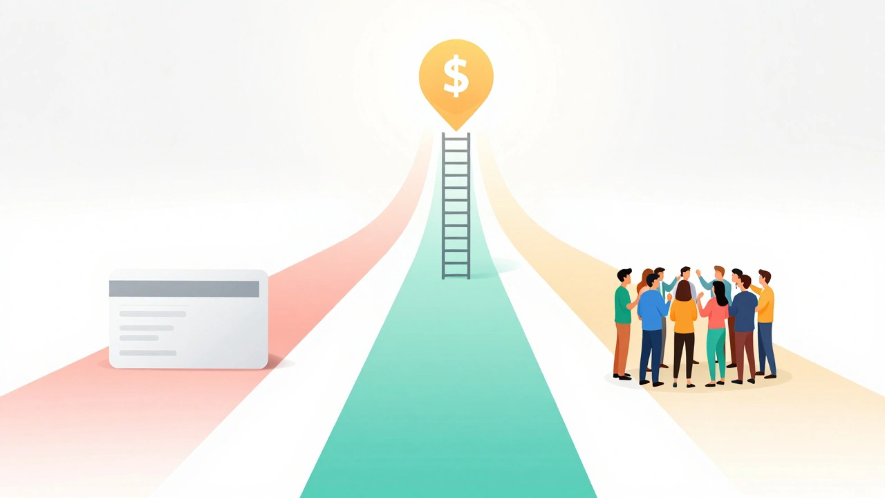 Illustration of three loyalty program paths merging into one bright destination