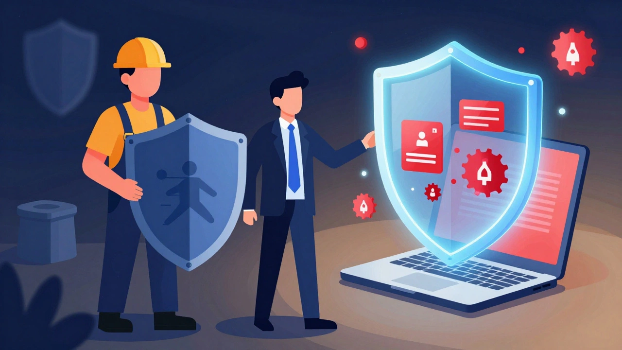 Illustration showing a business protected by shields against physical accidents and cyber threats like ransomware.