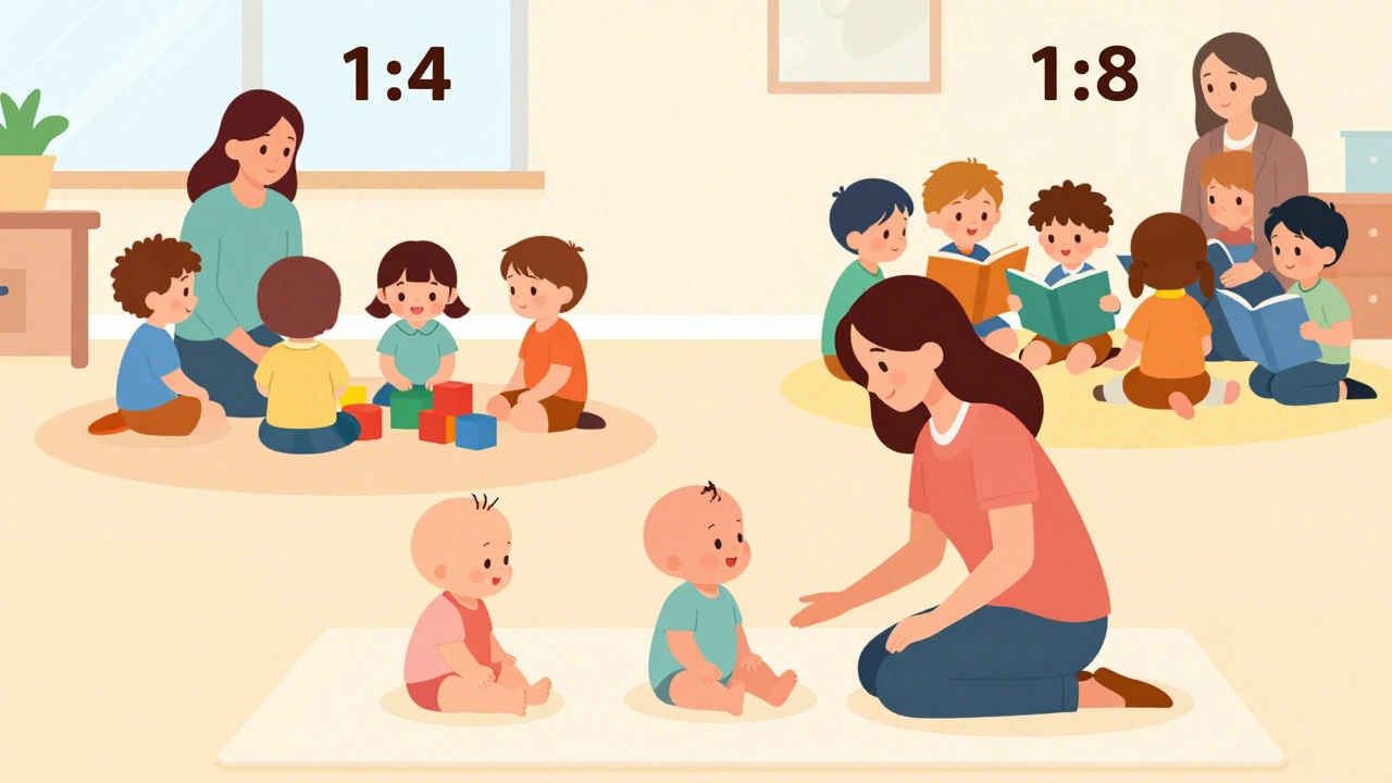 Illustration showing different staff-to-child ratios for various age groups in a nursery