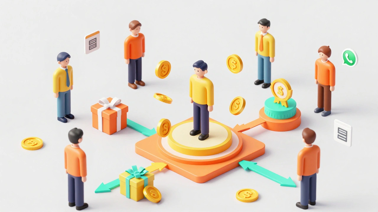 Isometric 3D graphic showing a user earning rewards through a viral referral network.